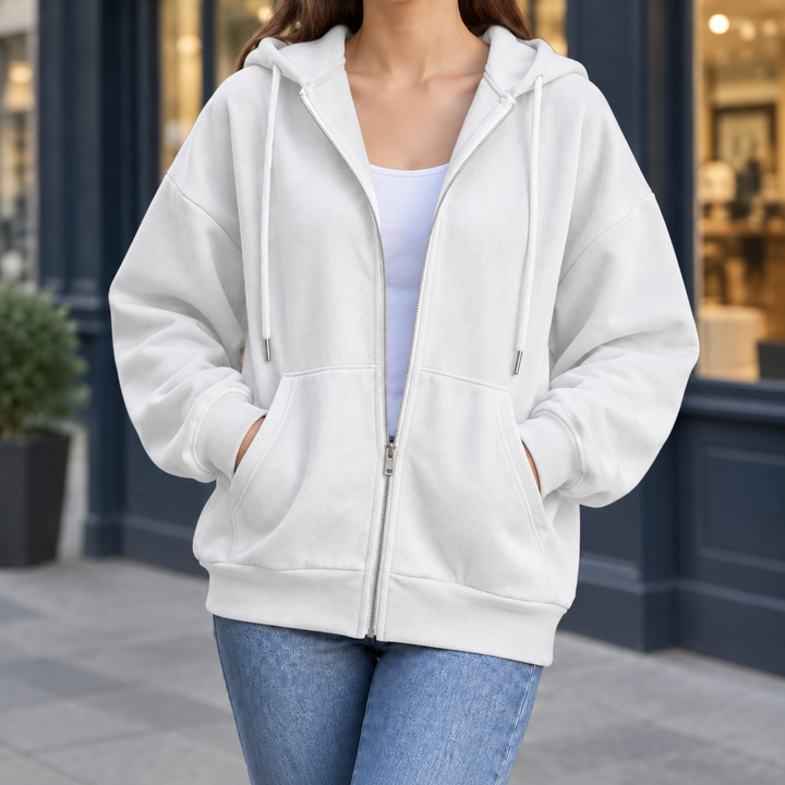 Oliv Avslappnad Zip Hoodie