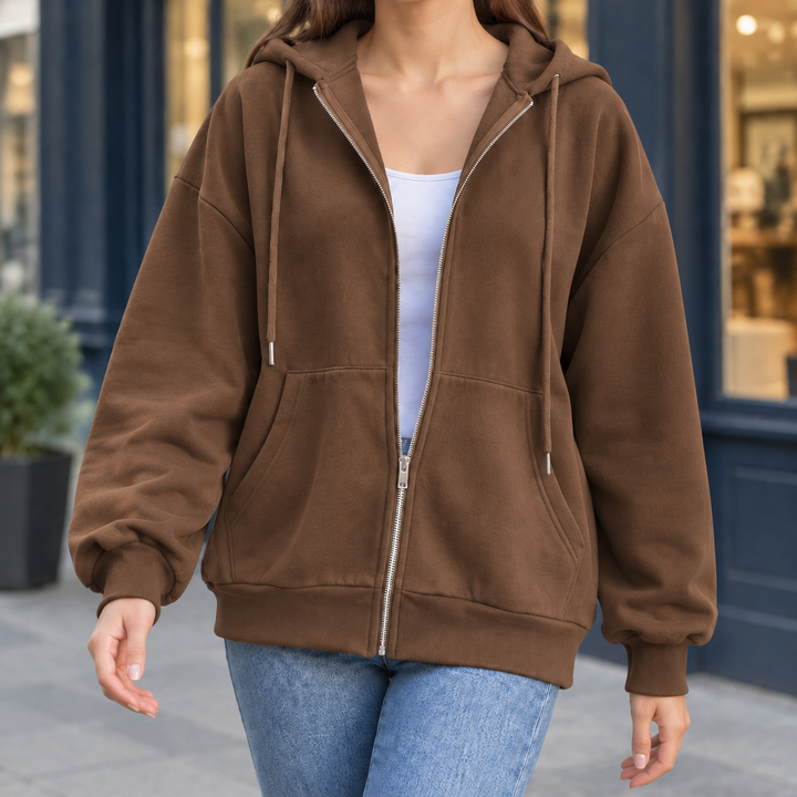 Oliv Avslappnad Zip Hoodie